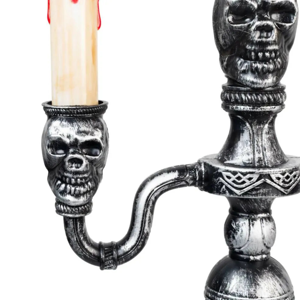 14" Antique Silver Skull Trio Halloween Candelabra Décor