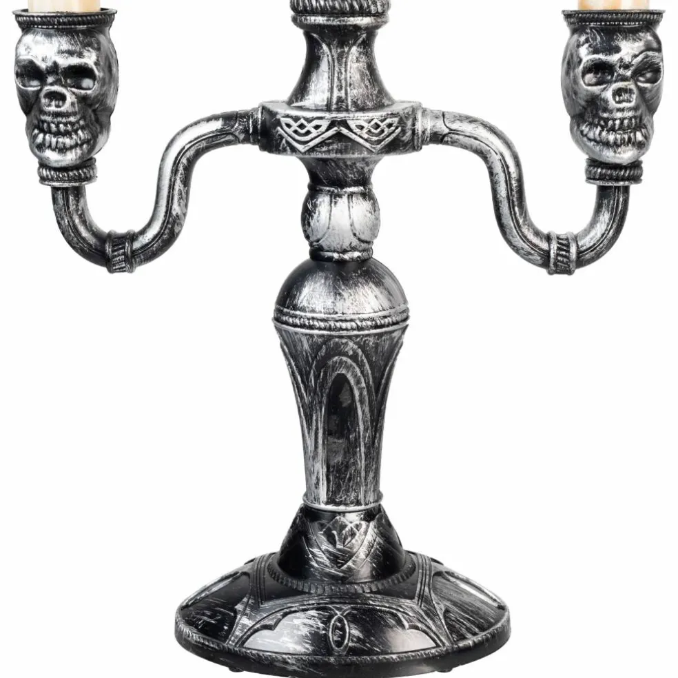 14" Antique Silver Skull Trio Halloween Candelabra Décor