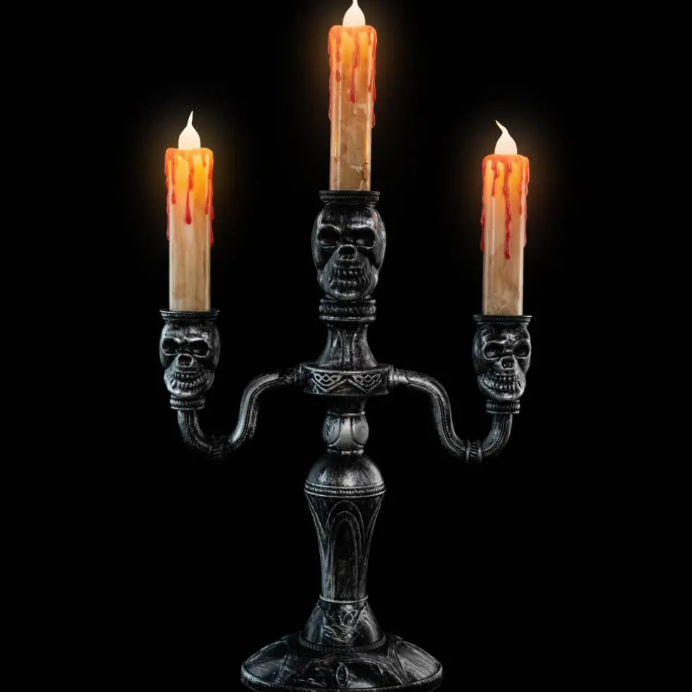 14" Antique Silver Skull Trio Halloween Candelabra Décor