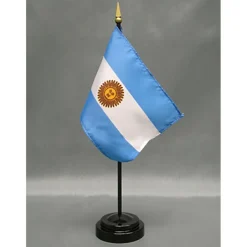 Argentina Desk Flag with Base; American Made Rayon 4x6 inch Miniature Table Set Includes One Small Mini Country Stick Flags and One Black Stand