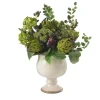15" Artichoke & Hydrangea Arrangement in White Ceramic