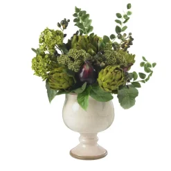 15" Artichoke & Hydrangea Arrangement in White Ceramic