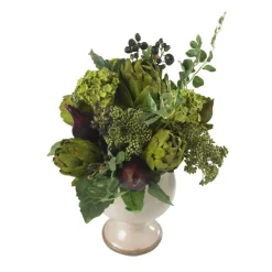 15" Artichoke & Hydrangea Arrangement in White Ceramic