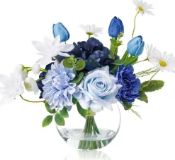 Artificial Blue Rose and Tulip Flower Arrangement with Glass Vase, Real Touch Faux Silk Flowers with Fake Water for Dining Table, Wedding, Home Decor, Housewarming and Birthday Gift