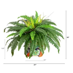21" Artificial Boston Fern in Handmade Mexican Talavera Ceramic Planter