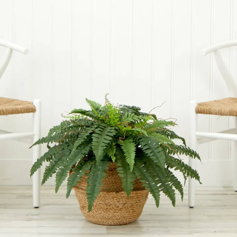 23" Artificial Boston Fern Plant with Handmade Jute & Cotton Basket