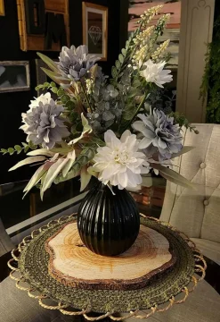 Artificial Dahlia Bouquet – White and Blue Silk Flowers for Vase, Home Table Decor Bathroom Decoration