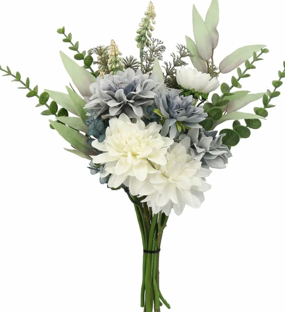 Artificial Dahlia Bouquet – White and Blue Silk Flowers for Vase, Home Table Decor Bathroom Decoration