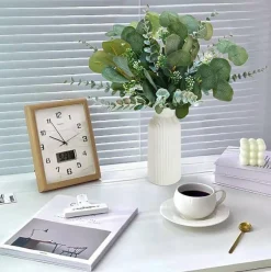 Artificial Eucalyptus Stems in White Ceramic Vase – 20pc Faux Greenery Arrangement for Farmhouse Table Centerpieces, Kitchen, and Bathroom Decor