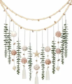 Artificial Eucalyptus Wall Decor with Seashells – 32x32 Inch Coastal Boho Wall Hanging with Starfish, Conch & Wooden Bead Garland for Bedroom, Bathroom, Living Room & Beach House Decor