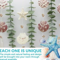 Artificial Eucalyptus Wall Decor with Seashells – 32x32 Inch Coastal Boho Wall Hanging with Starfish, Conch & Wooden Bead Garland for Bedroom, Bathroom, Living Room & Beach House Decor