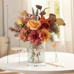 Artificial Fall Floral Arrangement with Glass Vase – Lifelike Silk Roses & Gerbera Daisies with Decorative Heart Pendant – Compact Table Centerpiece for Kitchen, Coffee Table & Home Office Decor