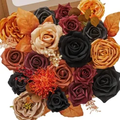 Artificial Fall Flowers Orange & Black Silk Flower Arrangement – Faux Roses & Peonies for Halloween Wedding Bouquet, DIY Table Centerpieces, Cake Decor, Baby Shower Party & Home Decoration