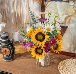 Artificial Faux Flowers in Vase, Sunflower & Silk Daisy Bouquet with Eucalyptus, Rustic Glass Vase Centerpiece for Home, Coffee Table, Dining Room, Kitchen, Farmhouse, Fall, Spring & Summer Decor