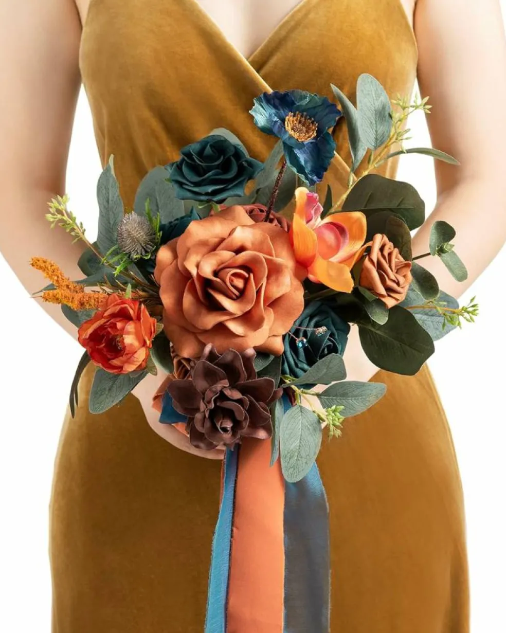 Artificial Flowers - Bridesmaid Bouquet (Orange & Dark Teal)