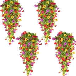 Artificial Flowers for Outdoors Fake Hanging Plants, 4PCS UV Resistant Faux Plastic Greenery Hanging Flowers for Outside Gardens Porch Wall Home Indoor Decor (Mixed Color)