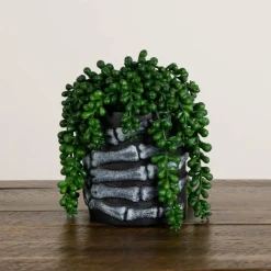7" Artificial Halloween String of Pearls in Skeleton Hand Planter