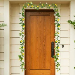 Artificial Lemon Garland with Fairy Lights Spring Summer Greenery Lemon Vine Plant Vivid Fruit Dense White and Yellow Flowers Hanging Wreath for Home Garden Wedding Party Christmas Décor
