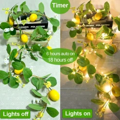 Artificial Lemon Garland with Fairy Lights Spring Summer Greenery Lemon Vine Plant Vivid Fruit Dense White and Yellow Flowers Hanging Wreath for Home Garden Wedding Party Christmas Décor