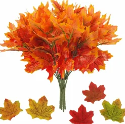 Artificial Maple Leaf Branches 4 Pcs, 7-Fork Faux Fall Leaves Stems with 100 DIY Maple Leaves, Autumn Artificial Greenery for Thanksgiving Table Centerpieces, Wreaths, Weddings, Home and Outdoor Decor
