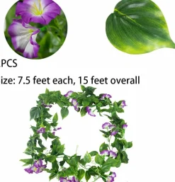 Artificial Morning Glory Vine Garland 2 Pack, 15FT Silk Purple Flower Hanging Vines, UV Resistant Faux Greenery Garland for Wall Fence Wedding Garden Indoor Outdoor Decor