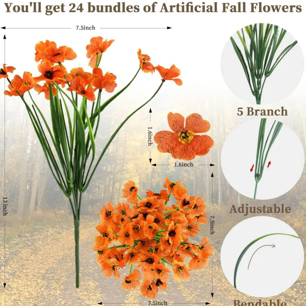 Artificial Mums for Outdoors, 24 Bundles Fake Flowers Fall Decor