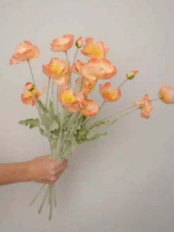 Artificial Poppy Silk Flowers, 2-Pack Faux Silk Poppy Flower Stems with Flocked Greenery