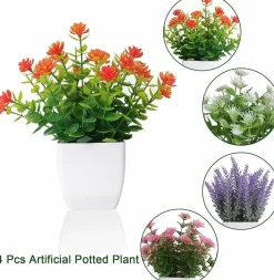 Artificial Potted Flowers 4pcs Fake Small Plant in Pot Mini Faux Plant Door House Office Tabletop Kitchen Colorful Greenery Decor