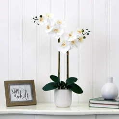 26" Artificial Real Touch White Double Orchid Phalaenopsis with Decorative Vase