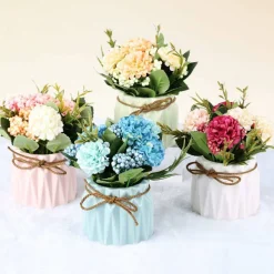 Artificial White Hydrangea Bouquet with Ceramic Vase – Silk Flower Table & Home Decor for Wedding, Party & Office