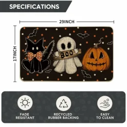 Artoid Mode Black Cat Jack-O'-Lantern Ghost Pumpkins Halloween Doormat, Seasonal Low-Profile Floor Switch Mat for Indoor Outdoor 17x29 Inch