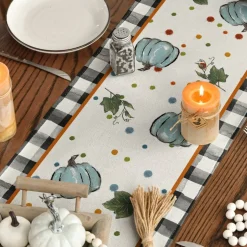 Artoid Mode Blue Pumpkin Bowknot Buffalo Plaid Fall Table Runner,Seasonal Autumn Kitchen Dining Table Decoration for Home Party Decor 13x72 Inch