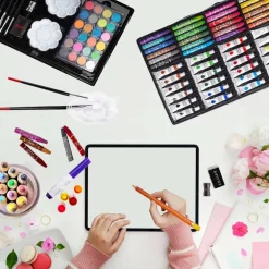Art Set, 139 Pack Painting Drawing Art Supplies Kit with 2 Sketch Pads, Double Layers Art Crafts, Colored Pencils, Oil Pastels, Watercolor Paints, Aluminum Gift Case for Artists Kids (Pink)