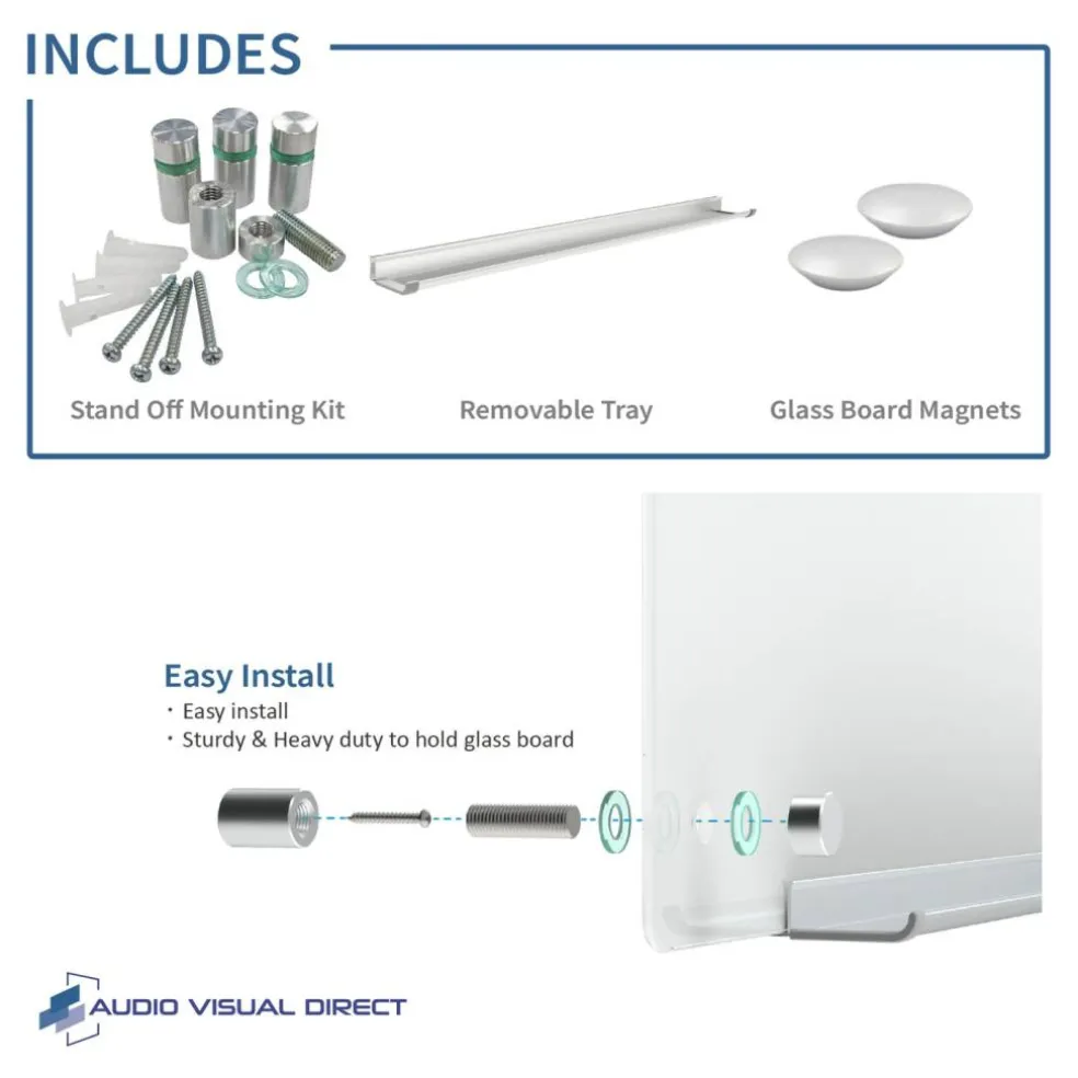Audio-Visual Direct Magnetic Ultra White Glass Dry-Erase Board Set Includes Magnets, Hardware & Marker Tray