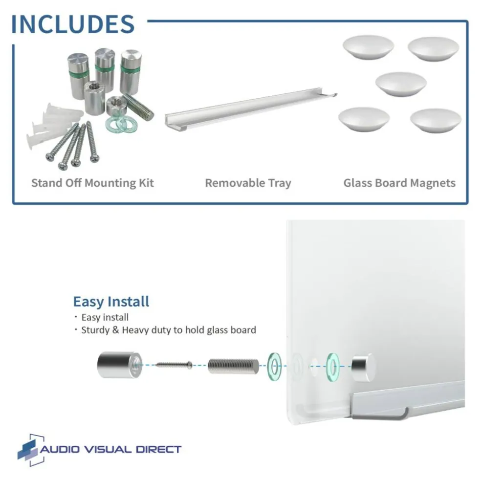Audio-Visual Direct Magnetic Ultra White Glass Dry-Erase Board Set Includes Magnets, Hardware & Marker Tray