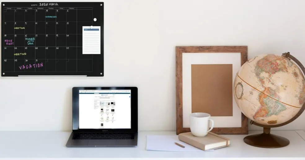 Audio-Visual Direct Magnetic Black Calendar Glass Dry Erase Board Set - Monthly Planner