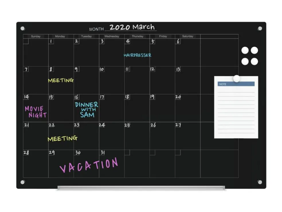 Audio-Visual Direct Magnetic Black Calendar Glass Dry Erase Board Set - Monthly Planner
