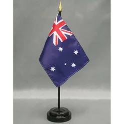 Australia Desk Flag with Base; American Made Rayon 4x6 inch Miniature Table Set Includes One Small Mini Country Stick Flags and One Black Stand