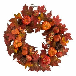 24" Autumn Maple Leaves, Pumpkin, Pinecone & Berries Wreath