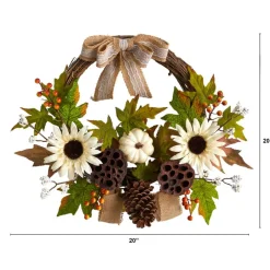 20" Autumn Sunflower, White Pumpkin & Dried Lotus Pod Fall Wreath