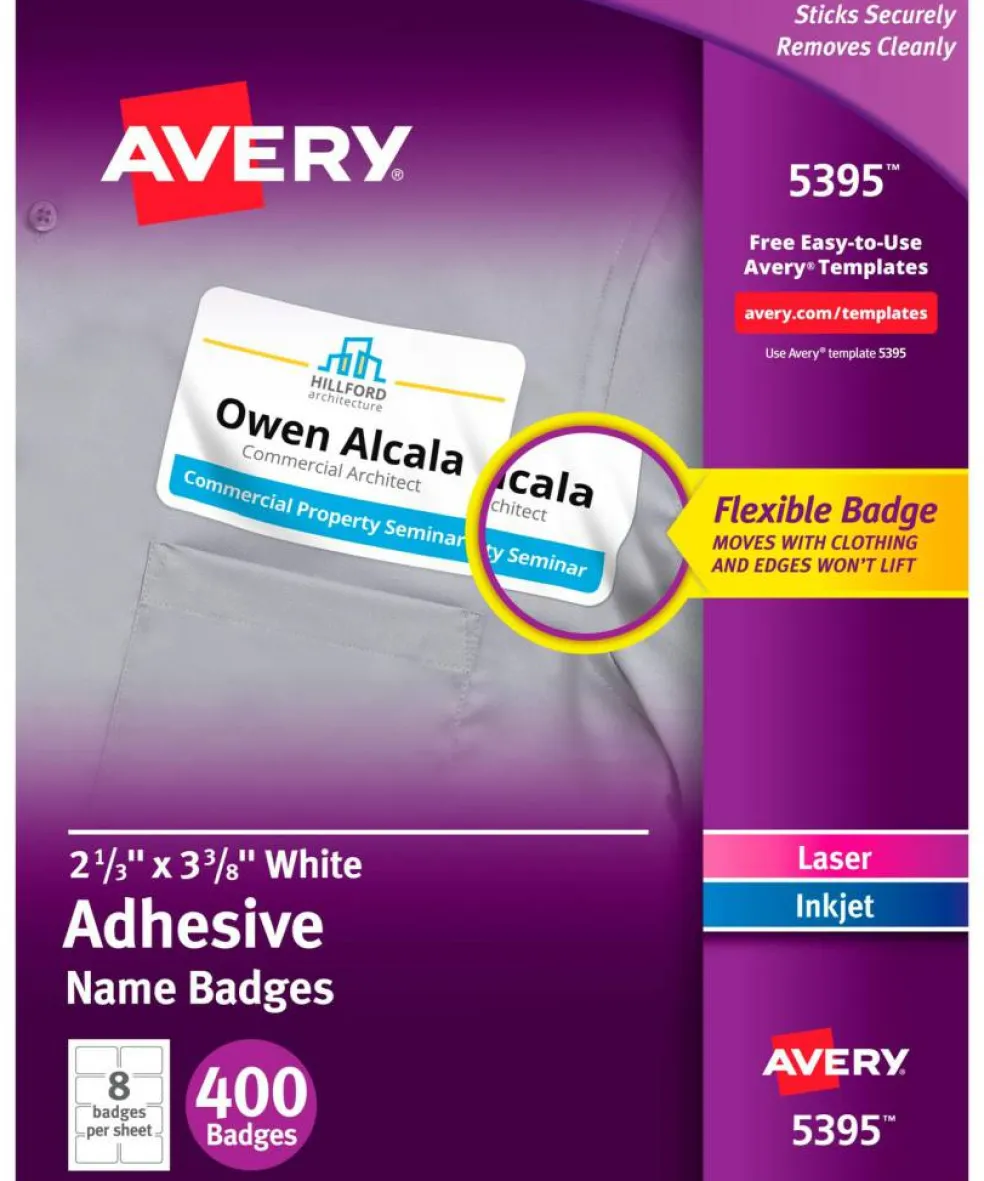 Avery Adhesive Name Badges, 2-1/3 x 3-3/8 Inches, White, Pack of 400
