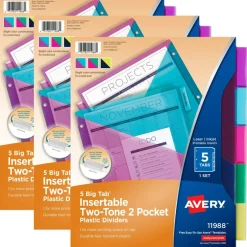 Avery Big Tab Insertable 2 Pocket Dividers for 3 Ring Binders, 5-Tab Sets, Bright Two-Tone Multicolor, 3 Binder Divider Sets (01742)