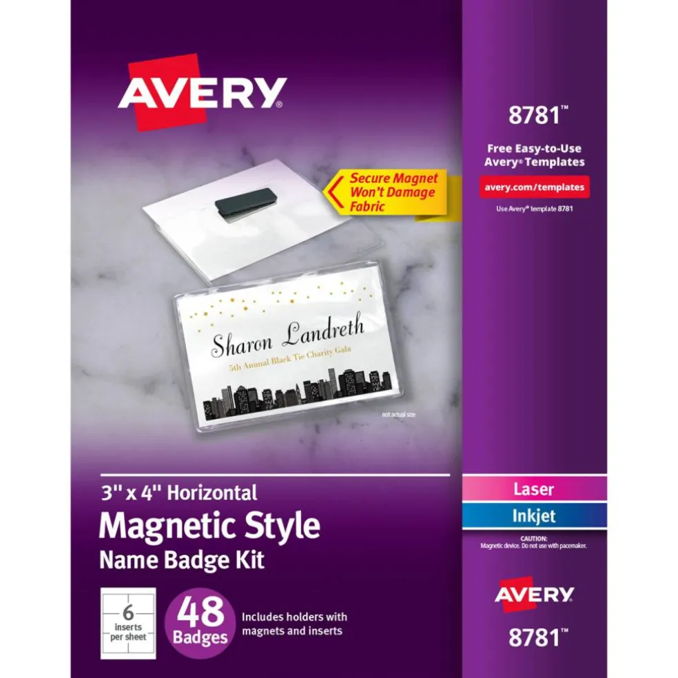 Avery Customizable Name Badges with Magnets, 3" x 4", Clear Name Tag Holders with White Printable Inserts, 48 Magnetic Name Badges (8781)