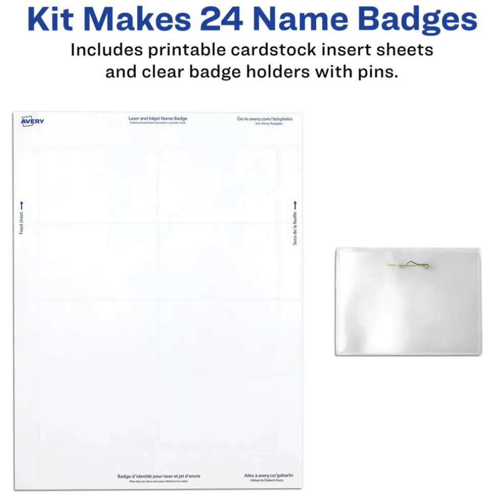 Avery Customizable Name Badges with Pins, 2.25" x 3.5", Clear Name Tag Holders with White Printable Inserts, 24 Pin Style Name Badges (74652)