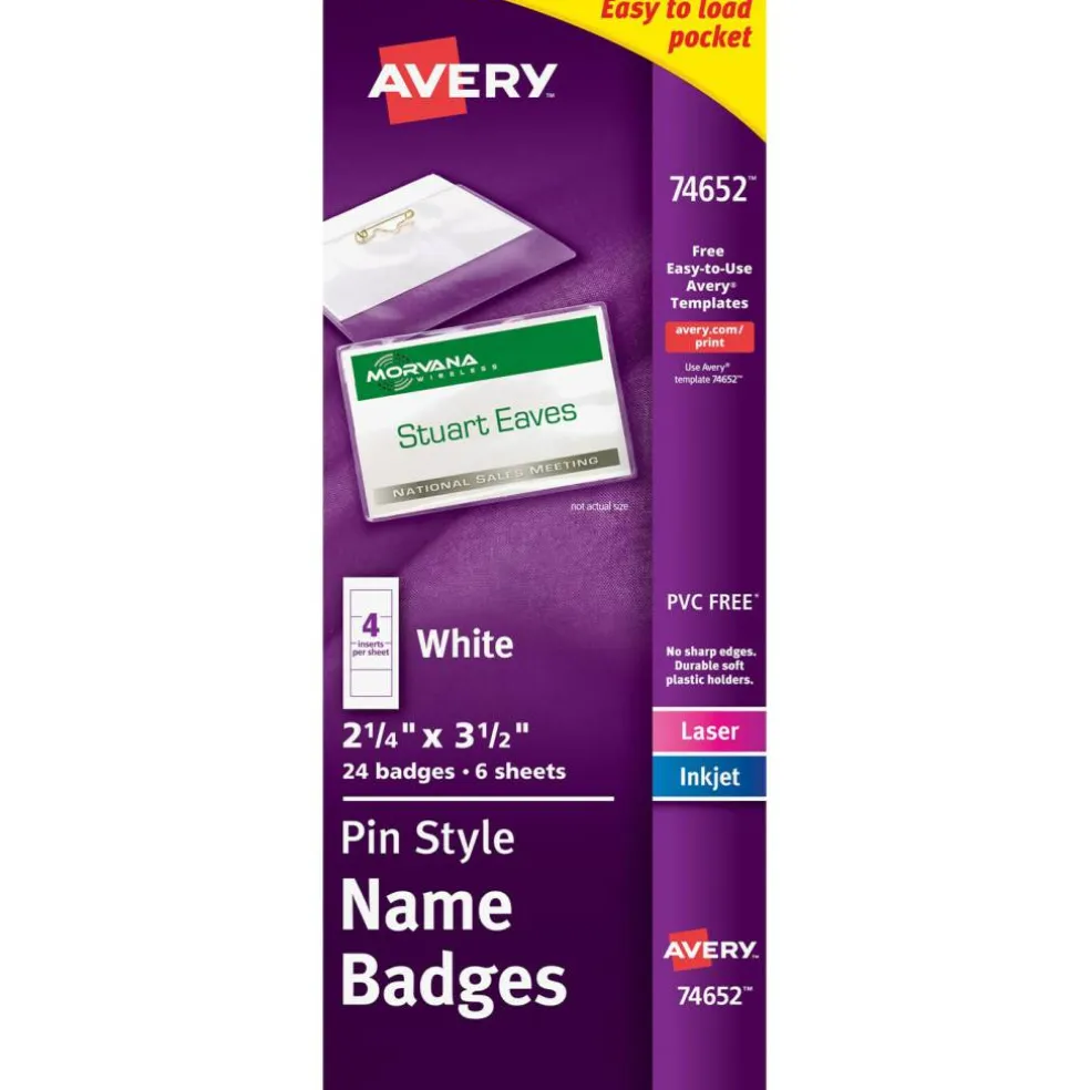 Avery Customizable Name Badges with Pins, 2.25" x 3.5", Clear Name Tag Holders with White Printable Inserts, 24 Pin Style Name Badges (74652)