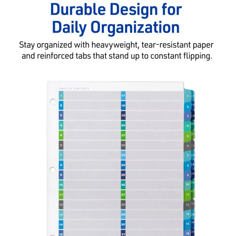 Avery Double Column Dividers for 3 Ring Binders, 32 Tabs per Set, Customizable Table of Contents, Multicolor Tabs (11322)