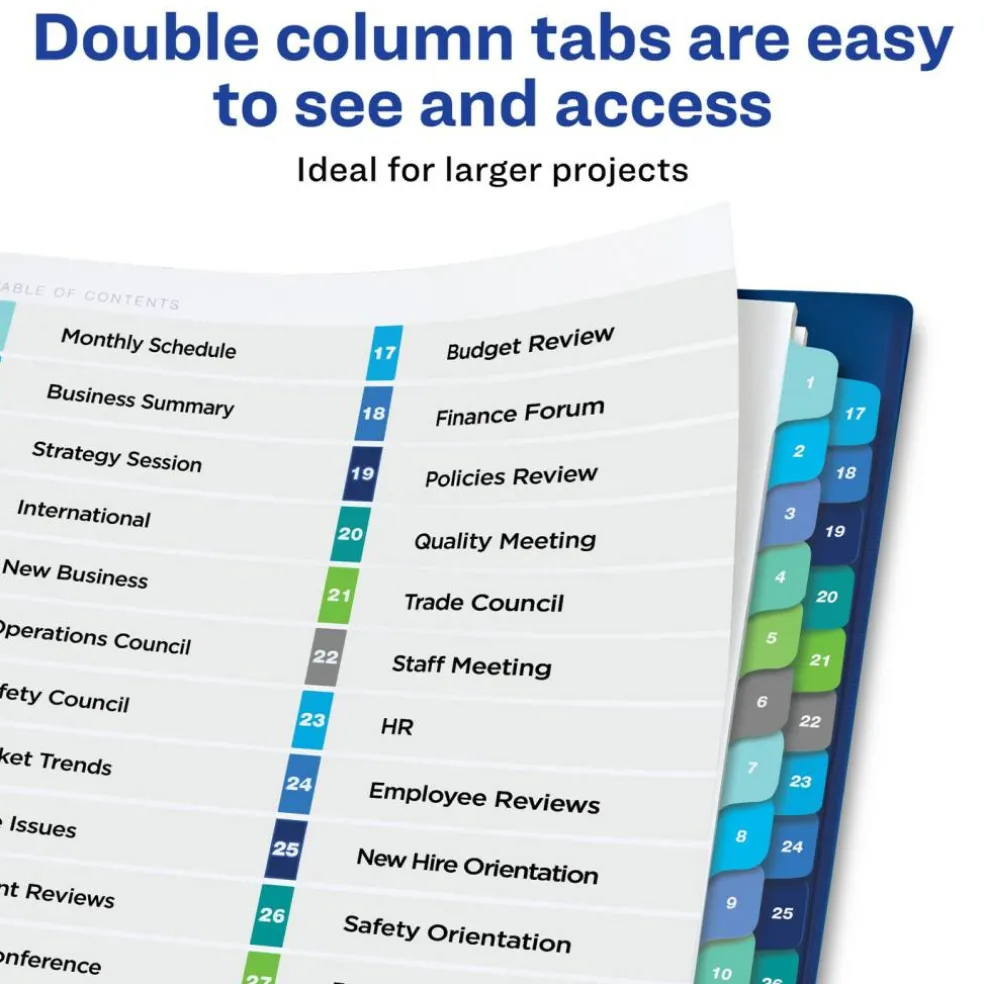 Avery Double Column Dividers for 3 Ring Binders, 32 Tabs per Set, Customizable Table of Contents, Multicolor Tabs (11322)