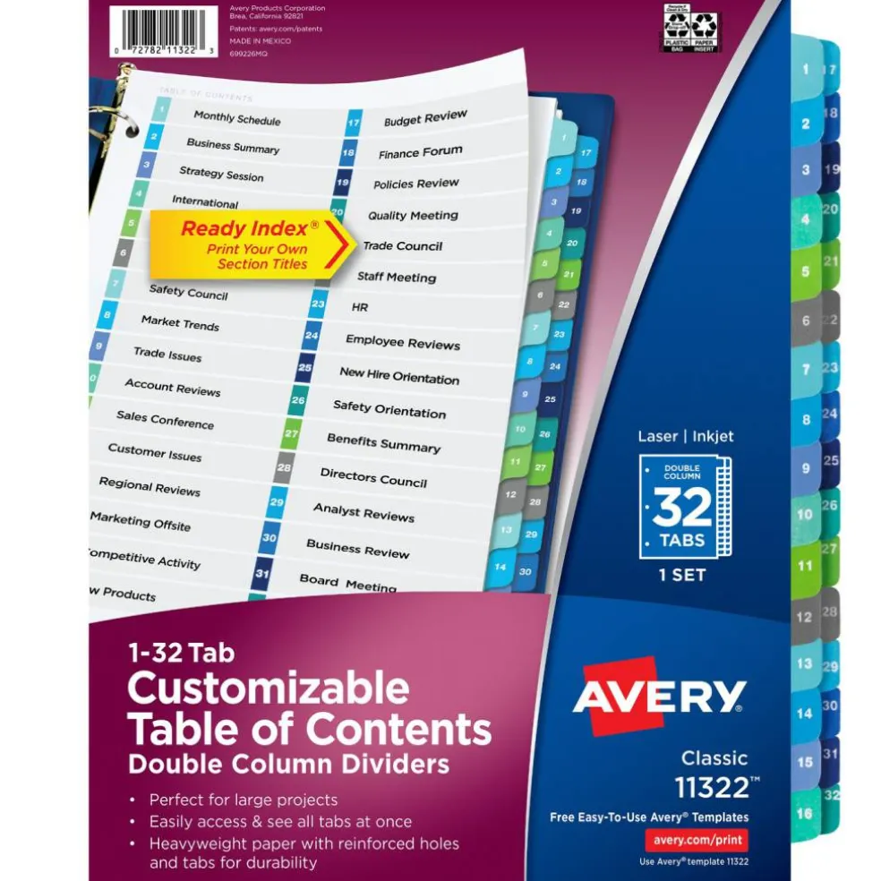 Avery Double Column Dividers for 3 Ring Binders, 32 Tabs per Set, Customizable Table of Contents, Multicolor Tabs (11322)