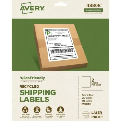 Avery EcoFriendly Recycled Shipping Labels, 5.5" x 8.5" Half-Sheet Labels, White, Permanent Adhesive, Laser & Inkjet Printers, 20 Printable Labels (48808)