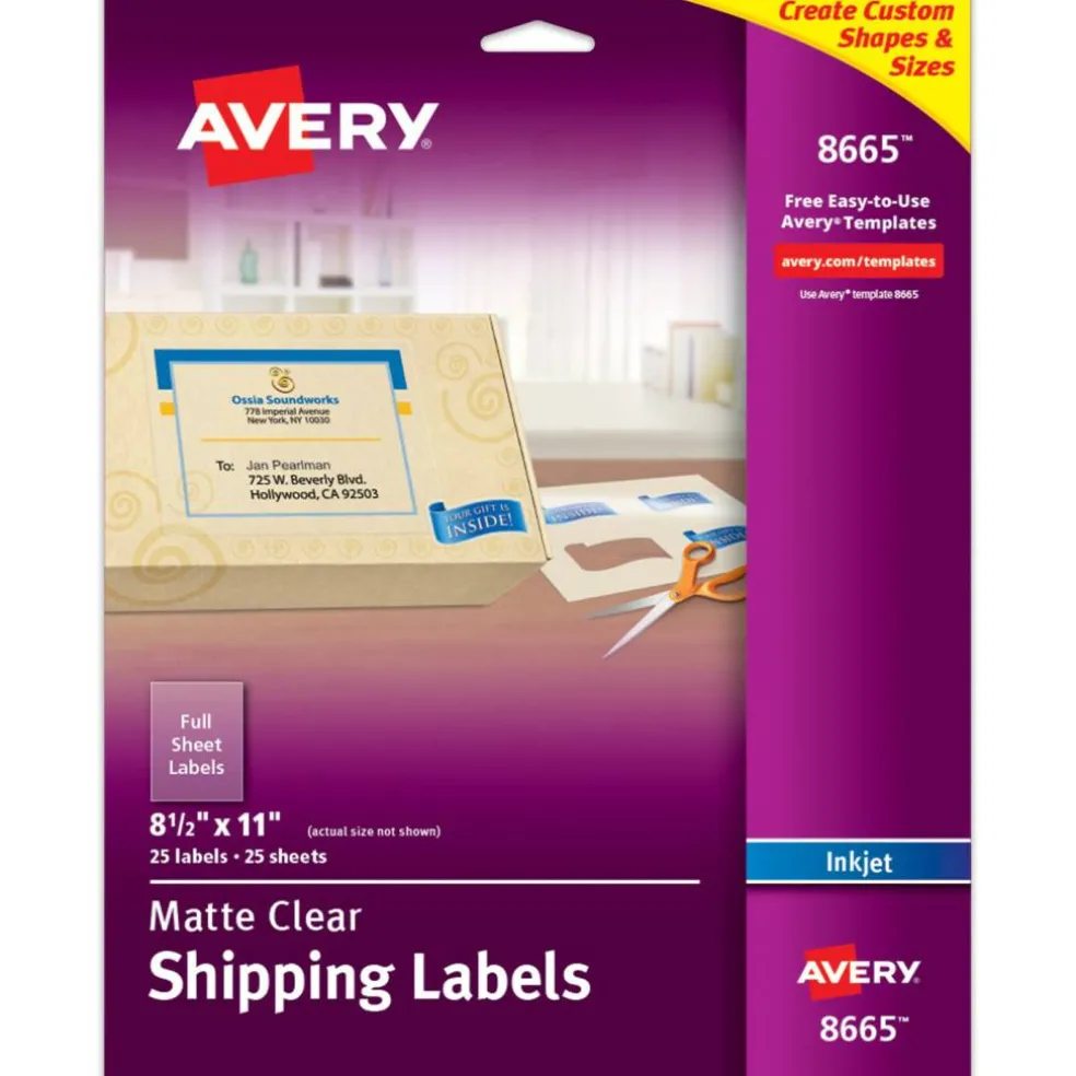 Avery Full Sheet Printable Shipping Labels, 8.5" x 11", Matte Clear, Inkjet, Create Custom Labels Using Scissors or Electronic Cutting Machines, 25 Blank Mailing Labels (8665)